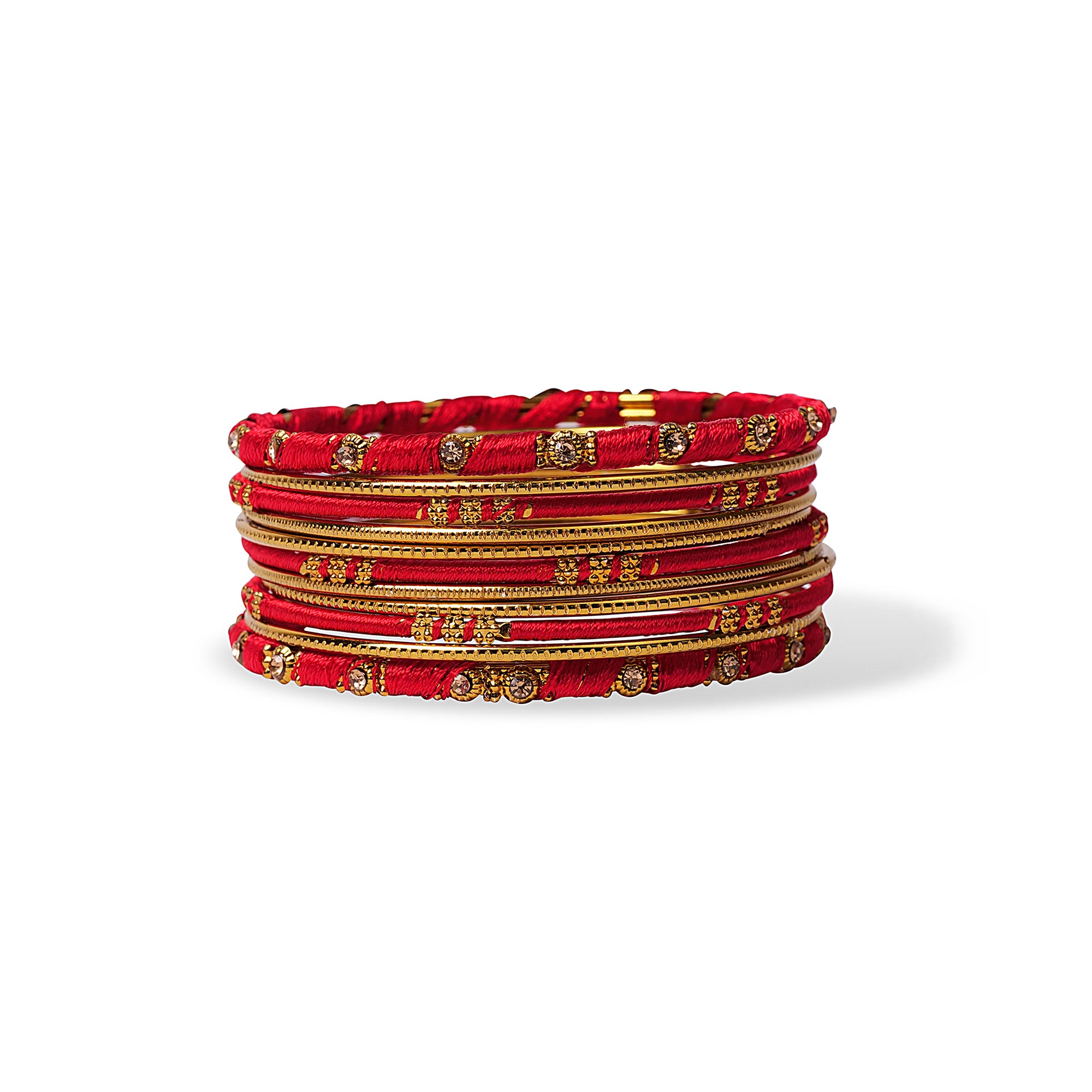 Red and Gold Thread Bangle Stack