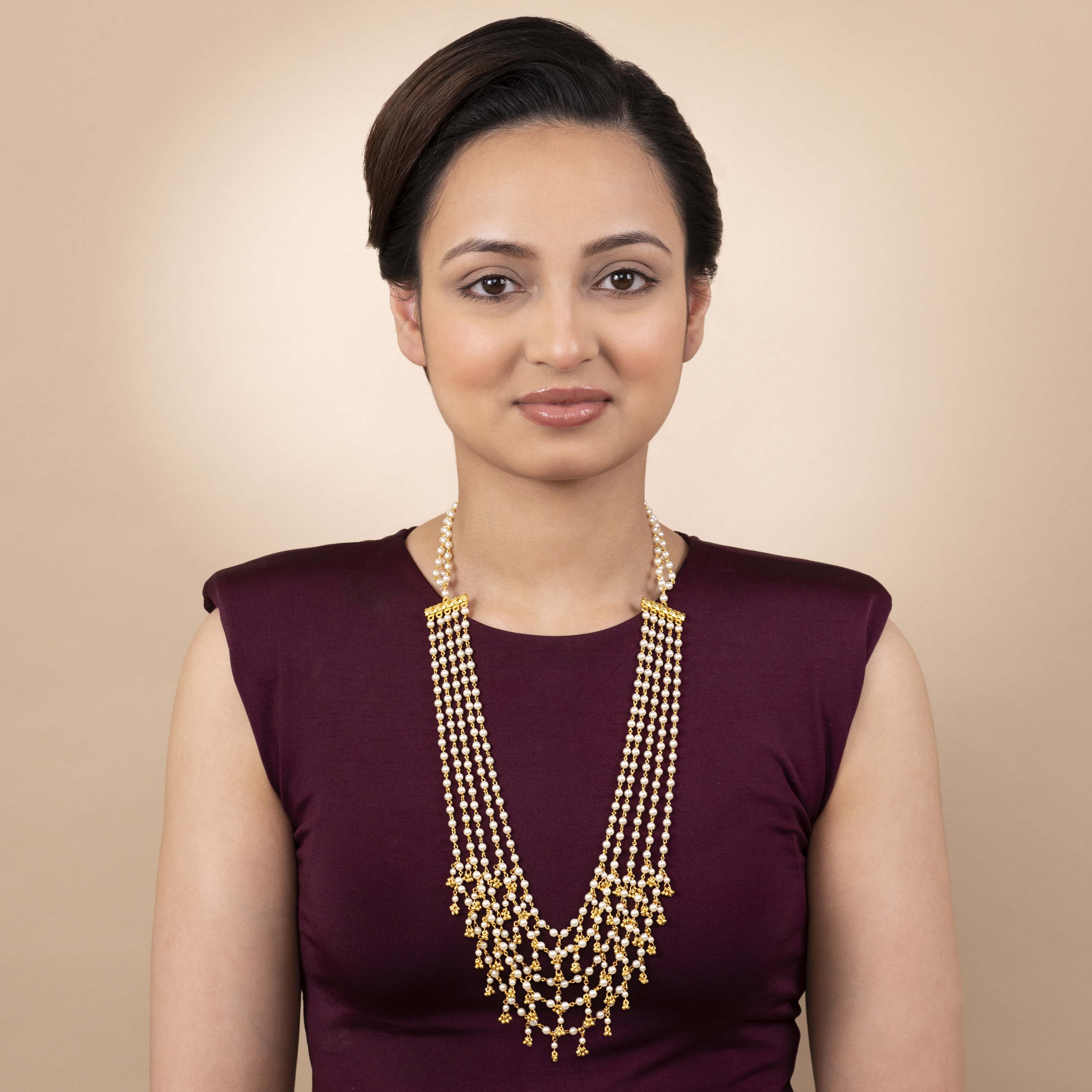 Triple Layer Gold Bead and Pearl Long Chain
