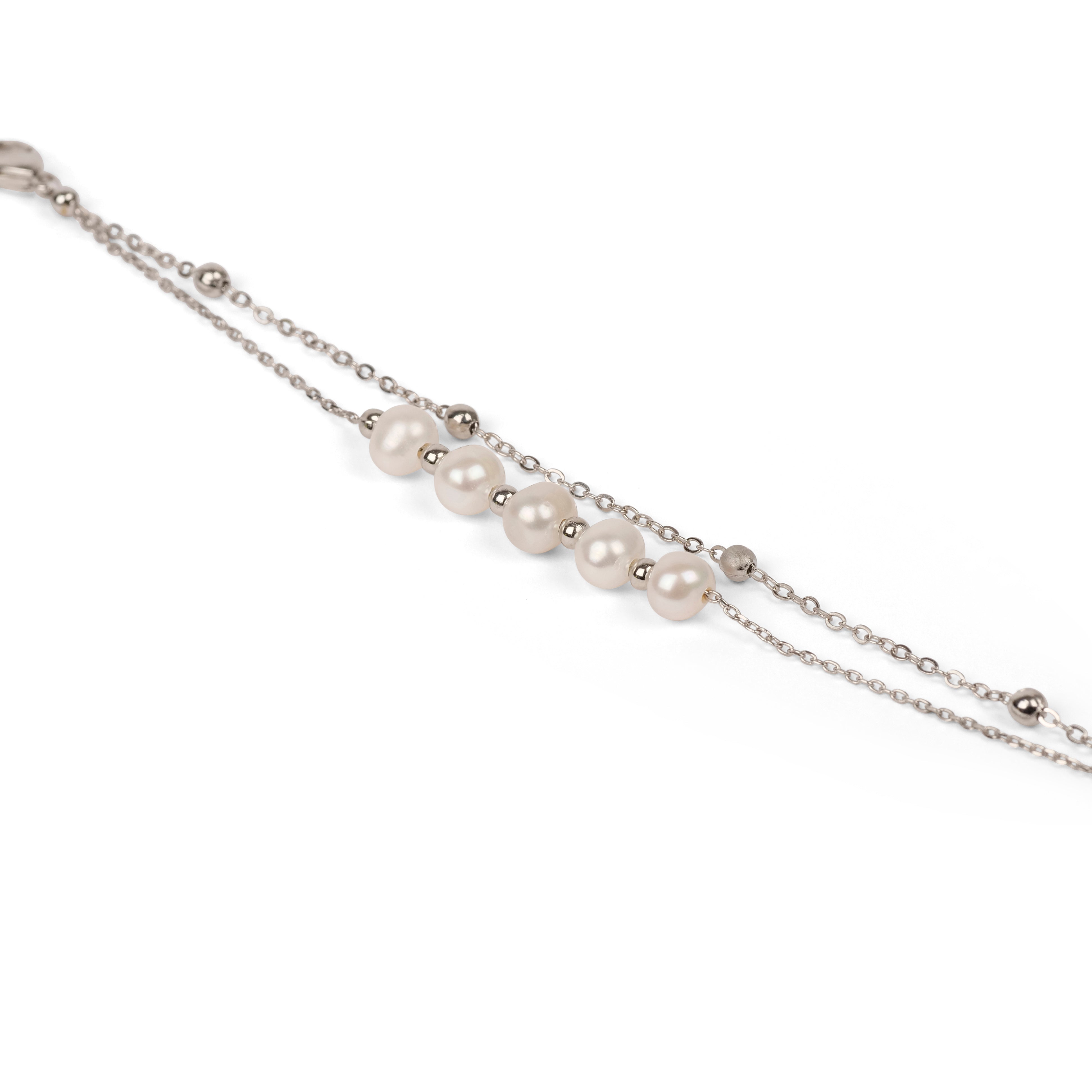 White Pearl and Rhodium Double Chain Bracelet