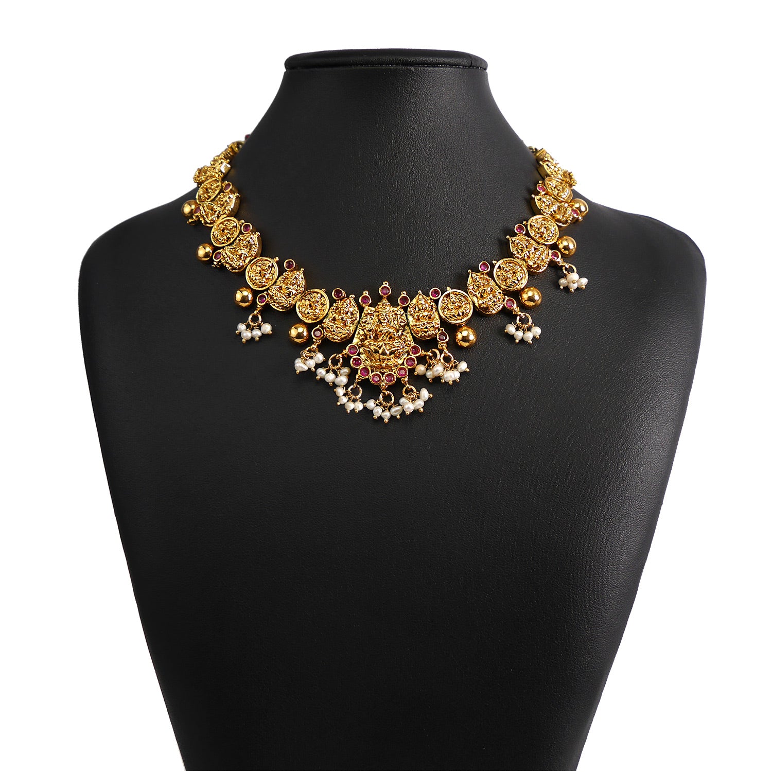 Goddess Round Necklace Set in Ruby and Pearl