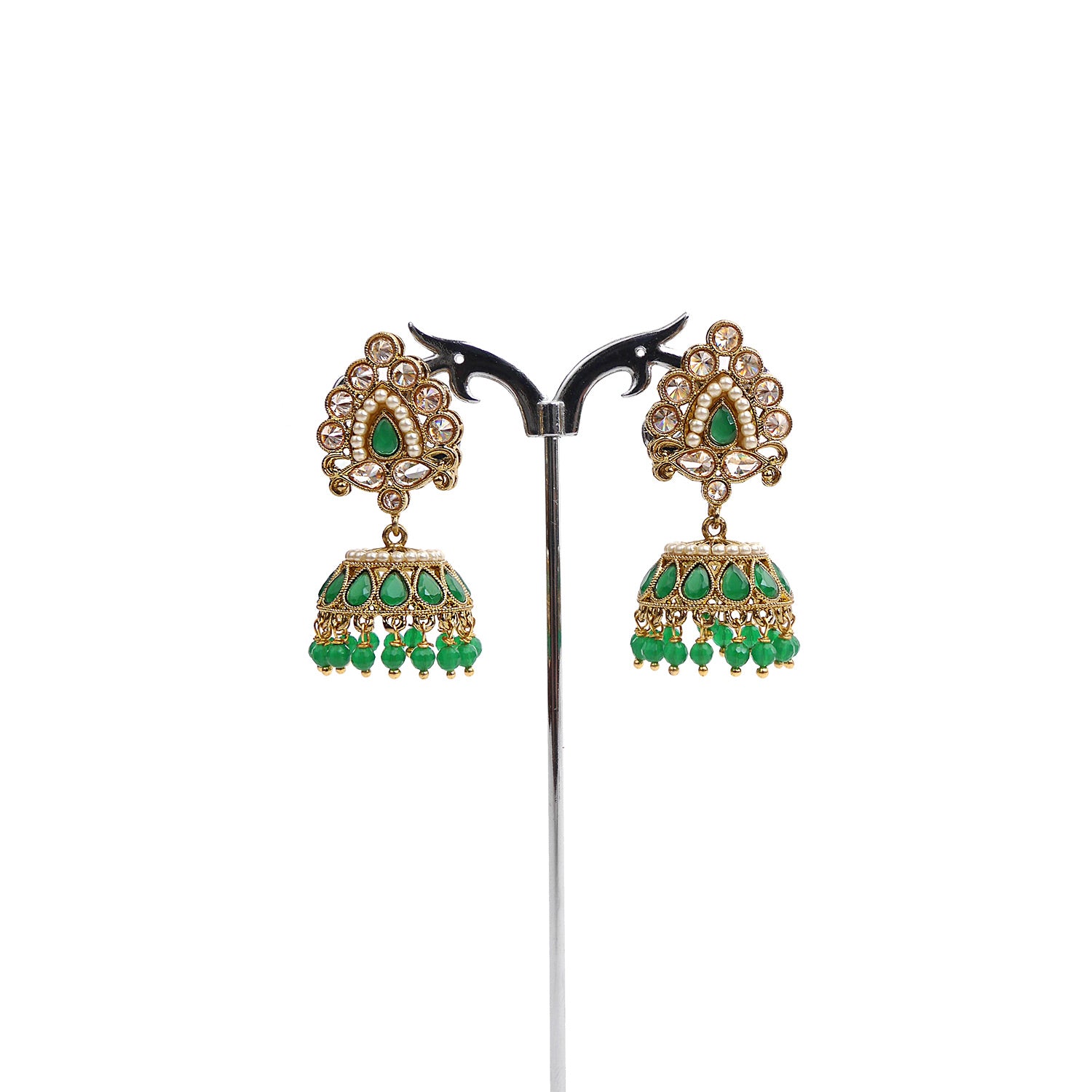 Green And Pearl Jhumka Earrings