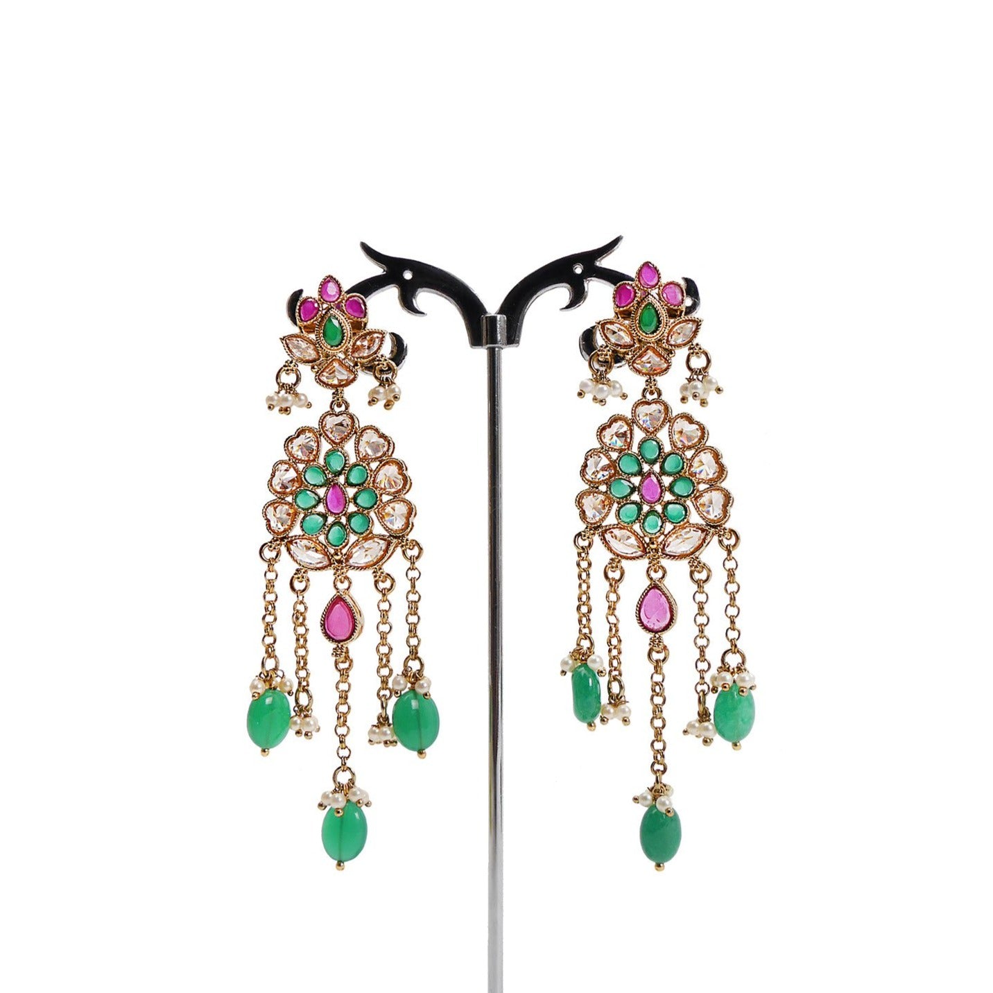 Aparna Long Earrings in Ruby and Emerald
