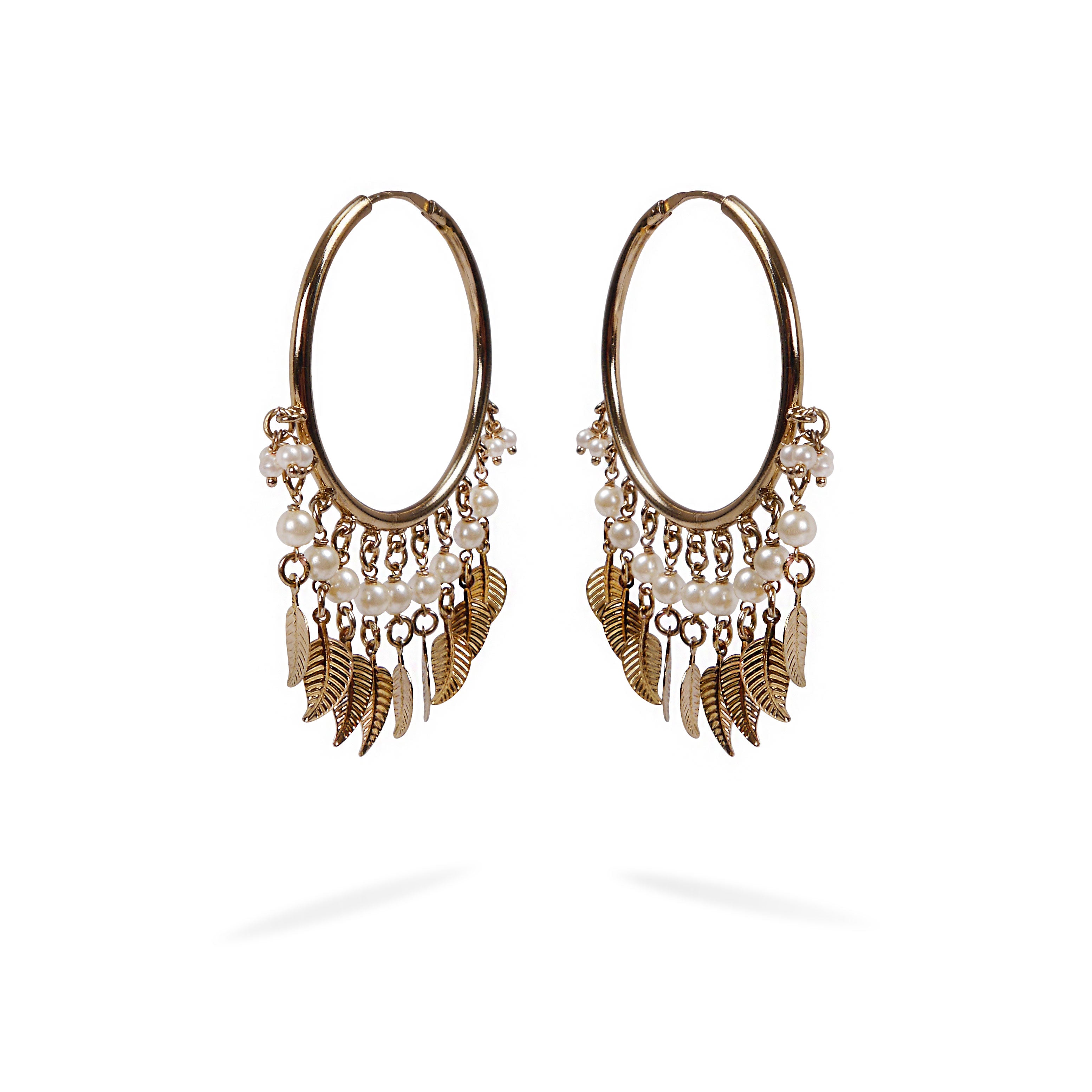 Leaf and Pearl Antique Gold Hoops