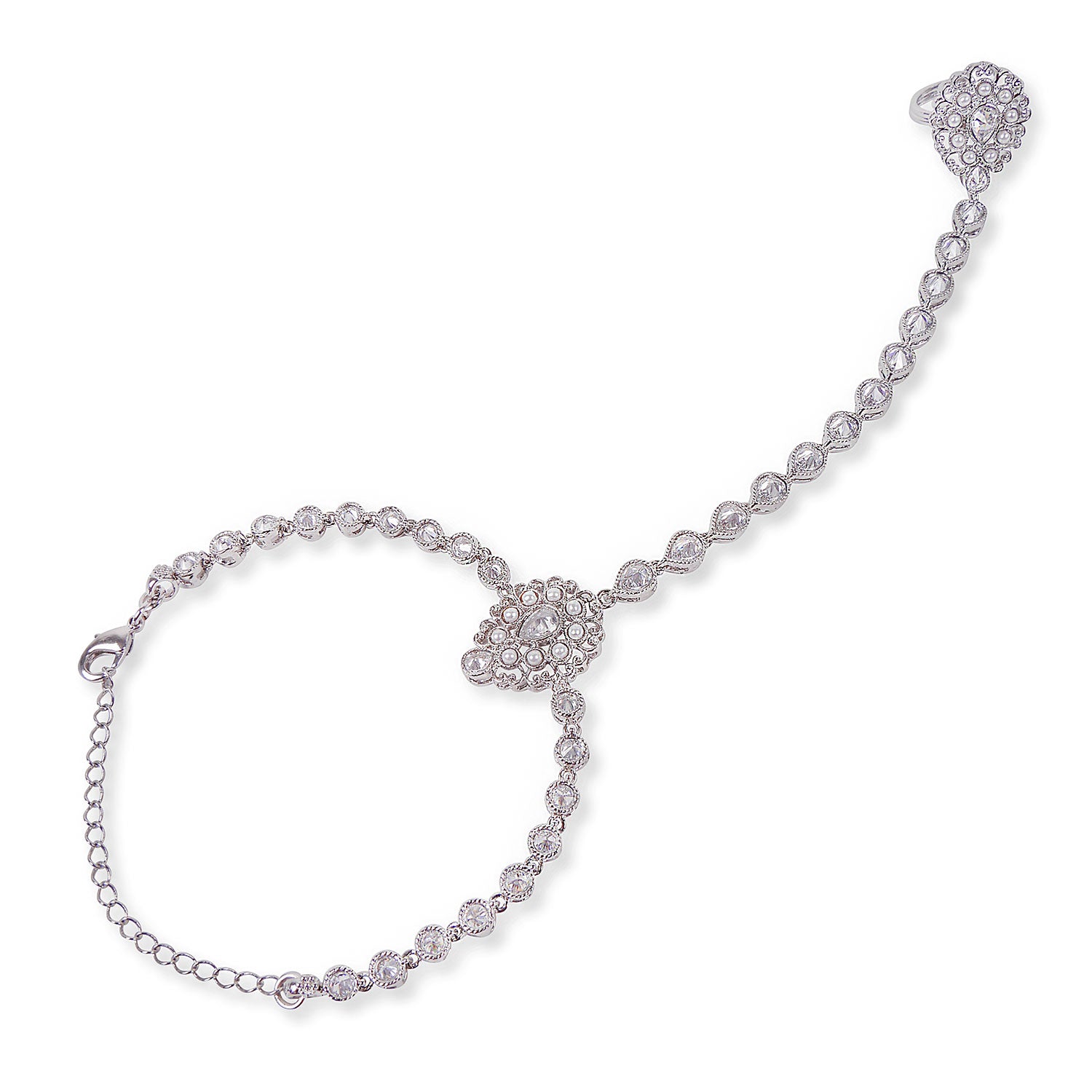 Double Teardrop Hand Chain in Pearl and Rhodium