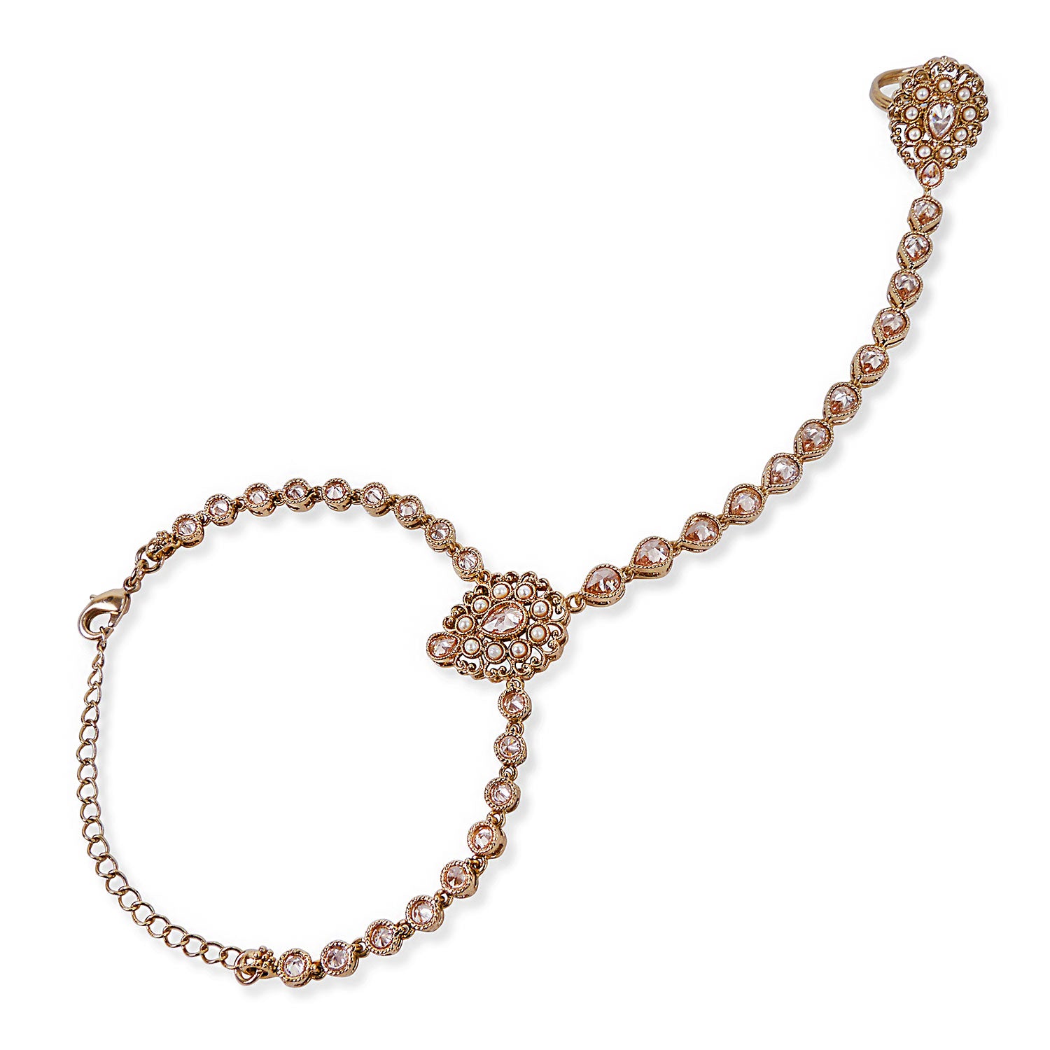 Double Teardrop Hand Chain in Pearl and Antique Gold