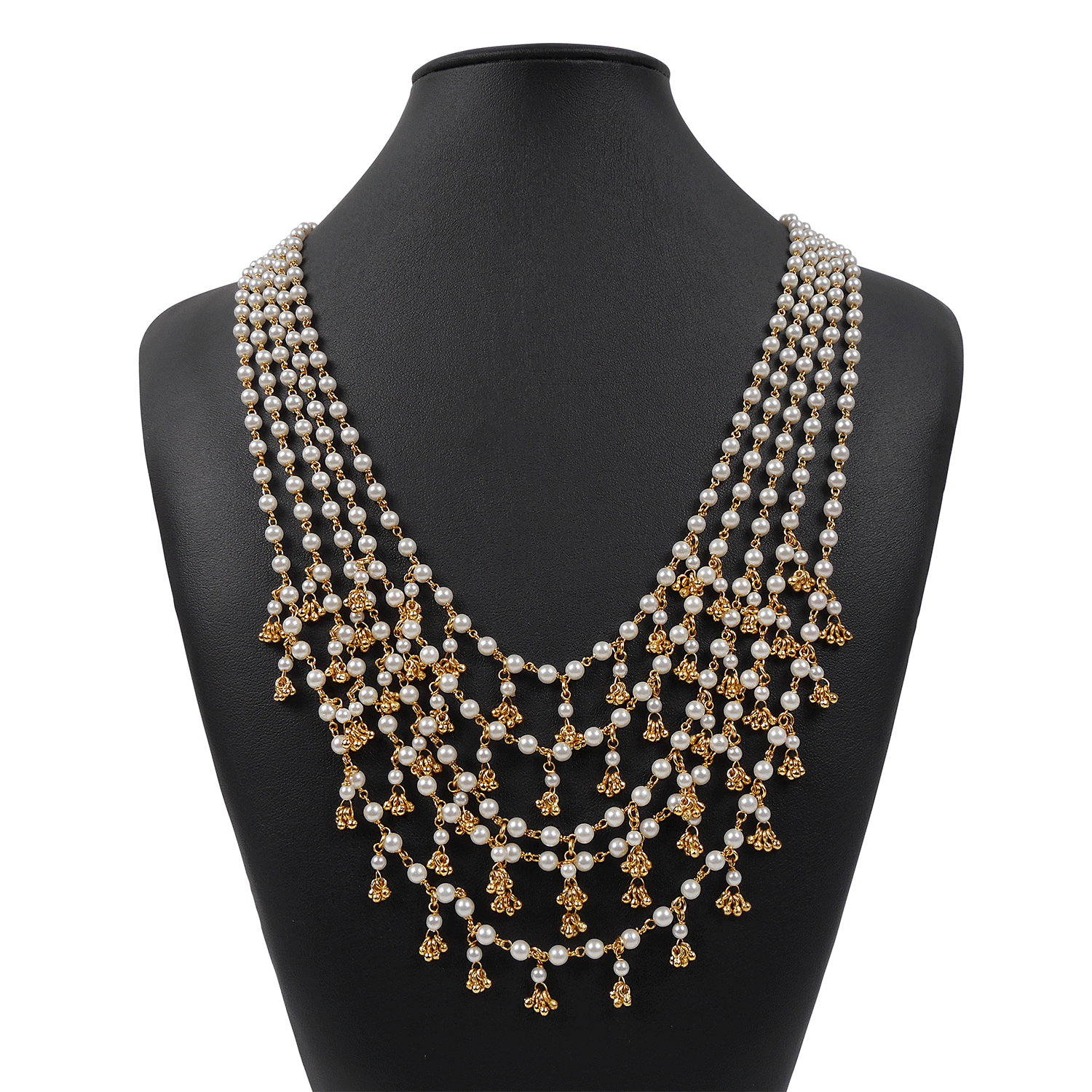 Layered Pearl and Gold Ghungroo Long Chain