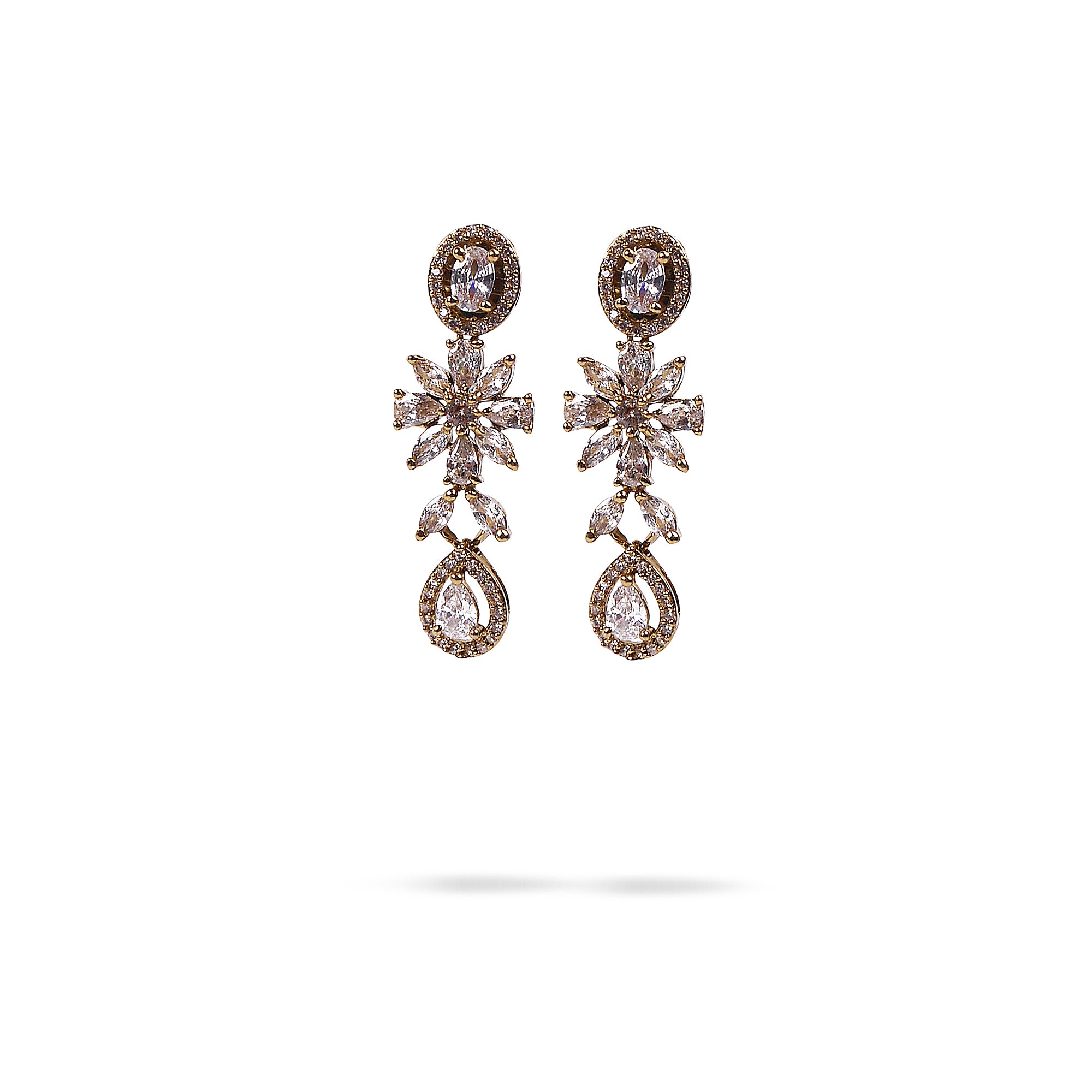 Floral Cubic Zirconia Earrings in White and Antique Gold