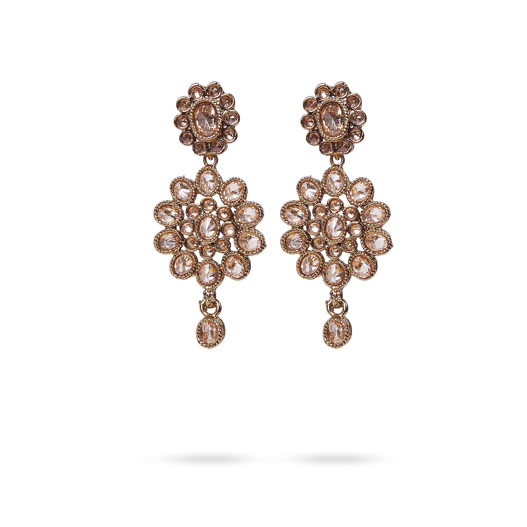 Floral Crystal Earrings in Antique Gold