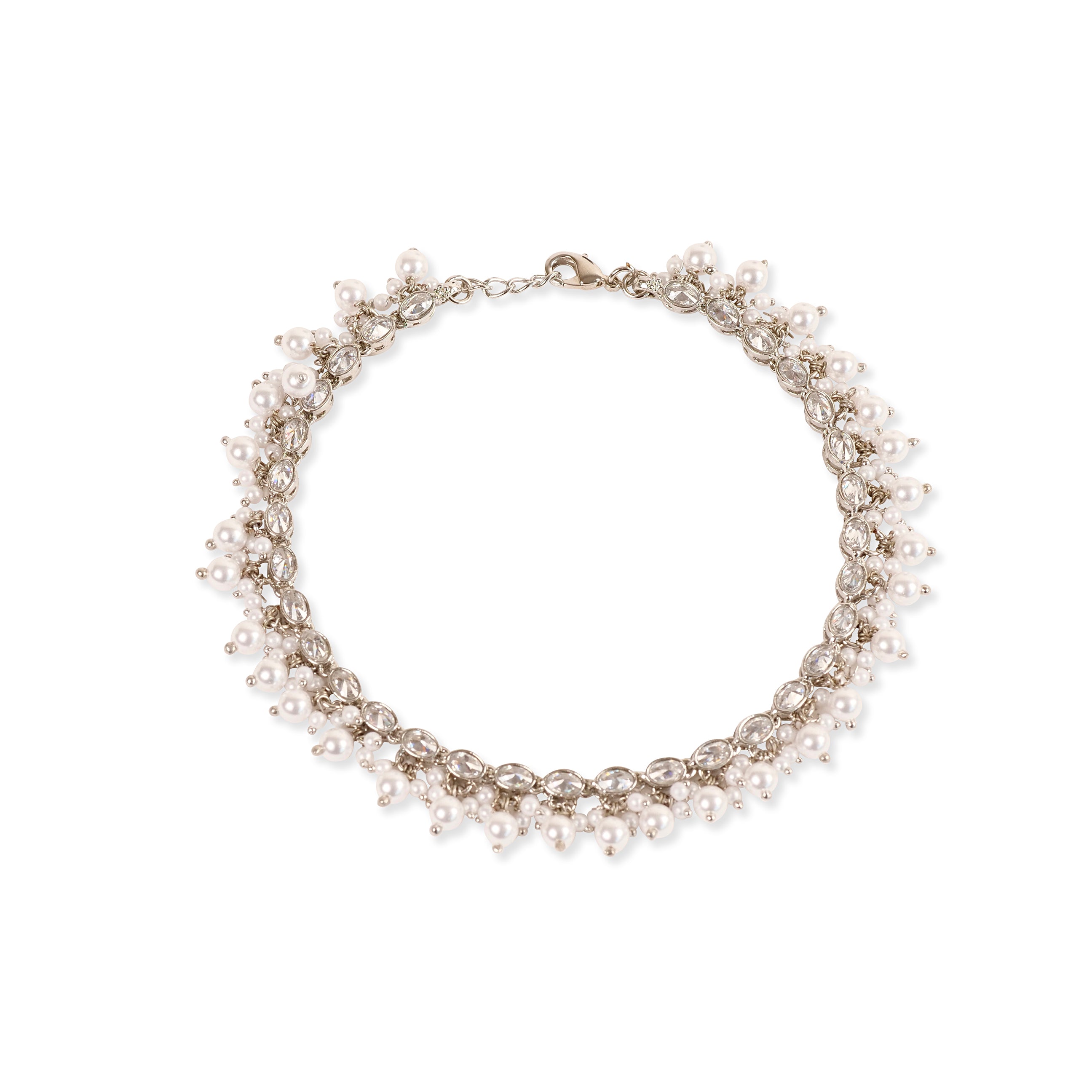 Oval Rhodium Anklet with Pearl