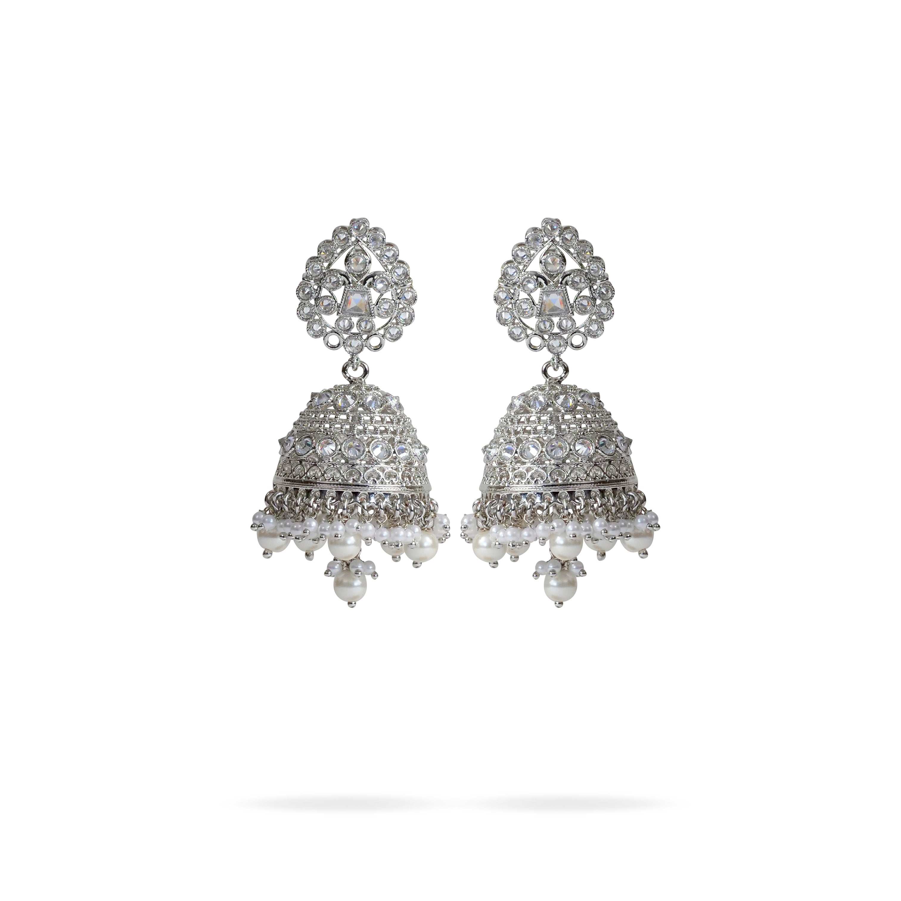 Vedha Jhumka Earrings in Pearl and Rhodium