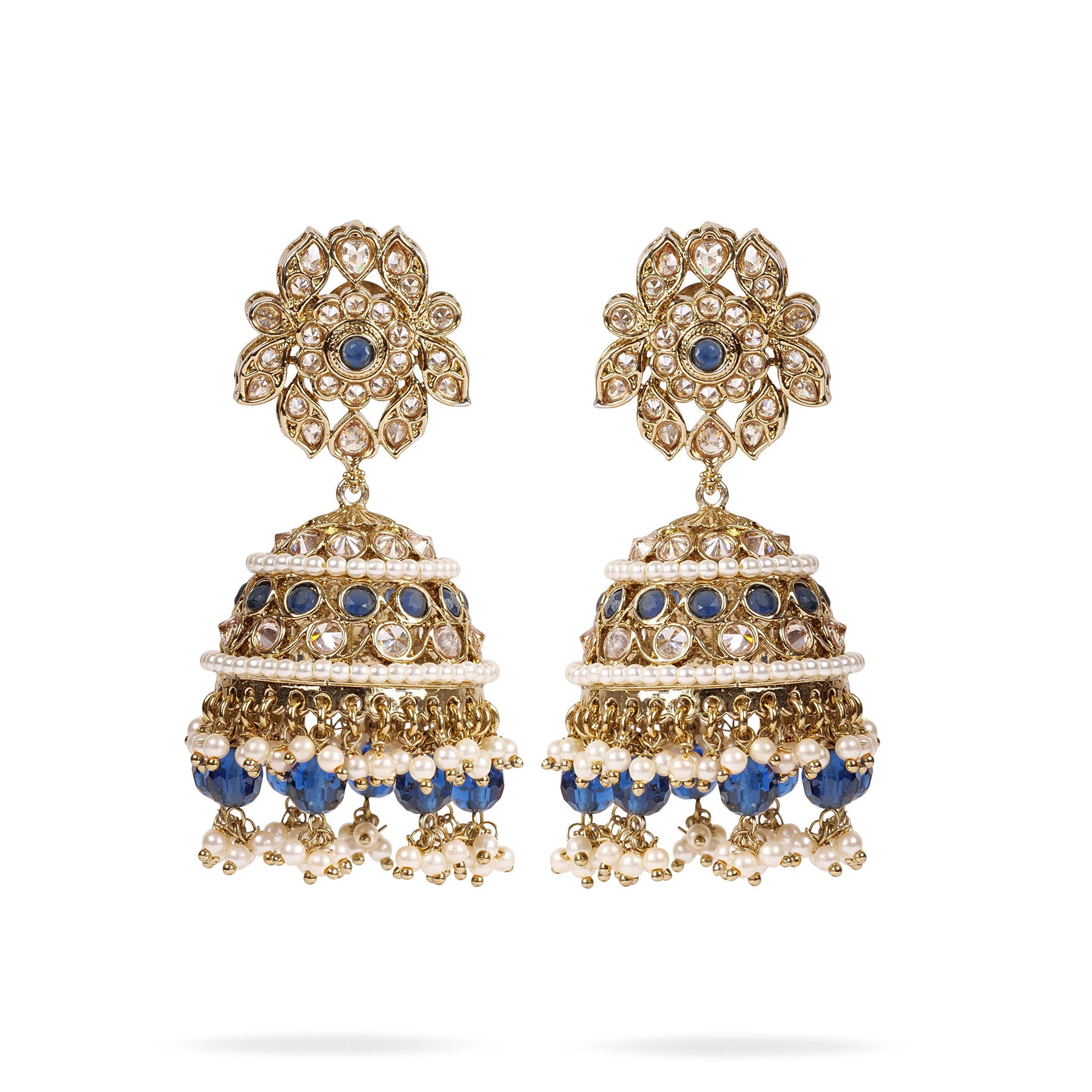 Sajani Jhumka Earrings in Pearl and Navy Blue