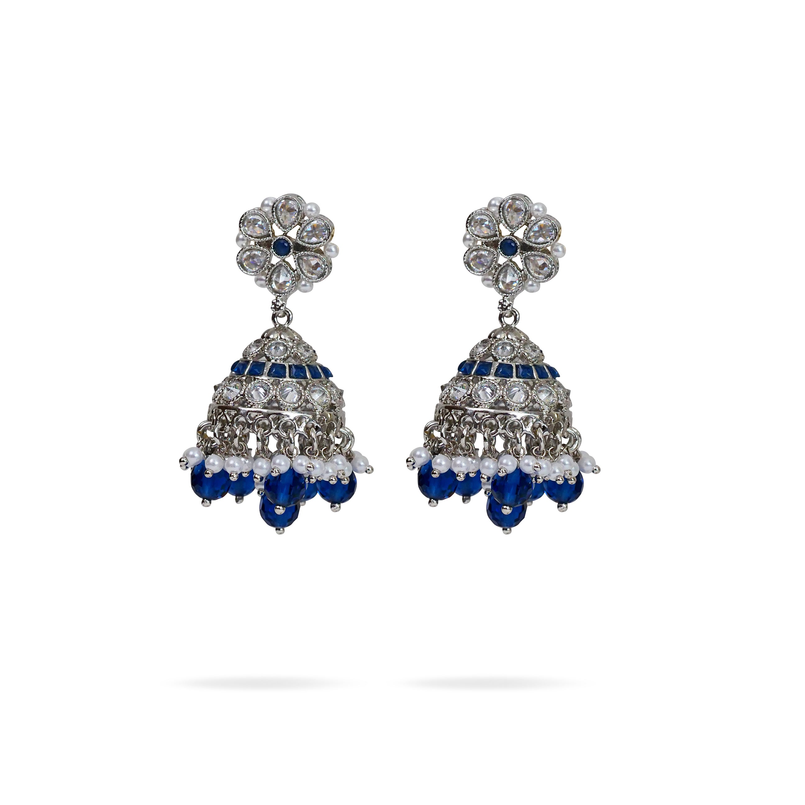 Jhansi Jhumka Earrings in Navy Blue and Rhodium