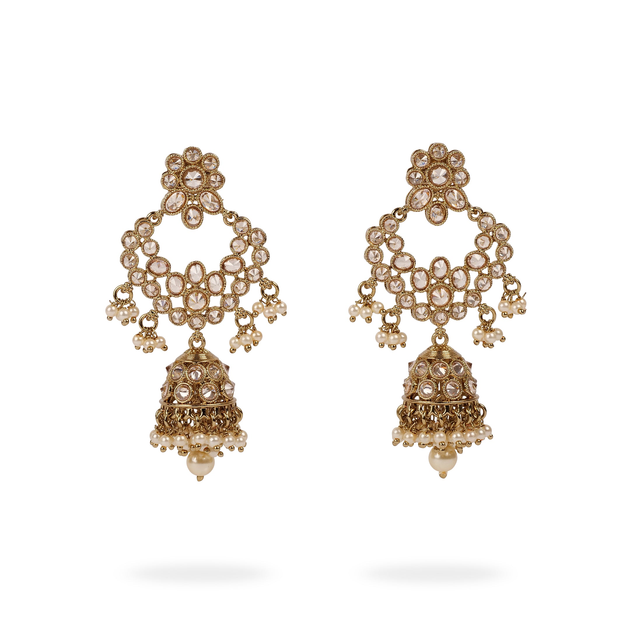 Rhea Long Jhumka Earrings in Pearl and Antique Gold