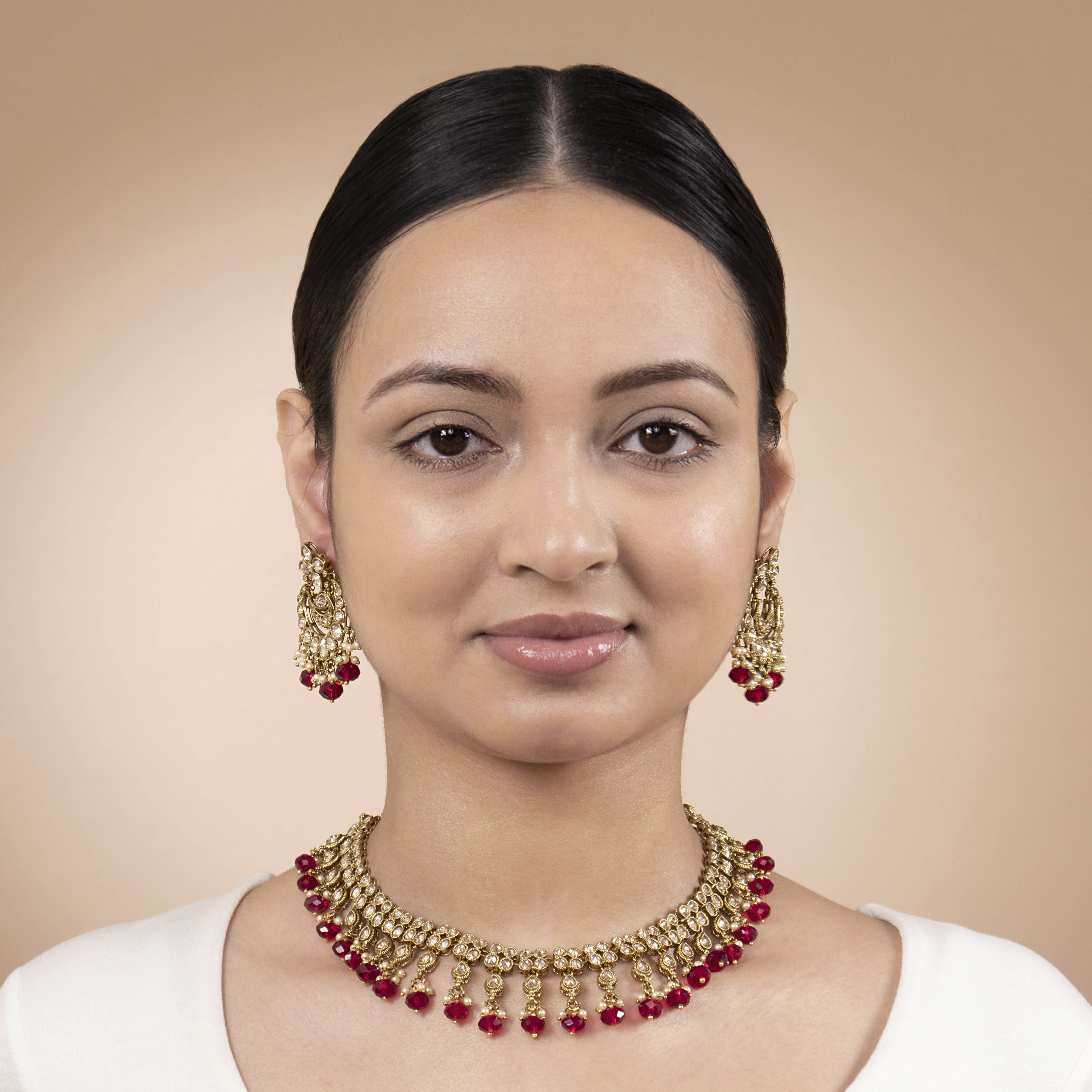 Double Row Red Necklace and Earrings