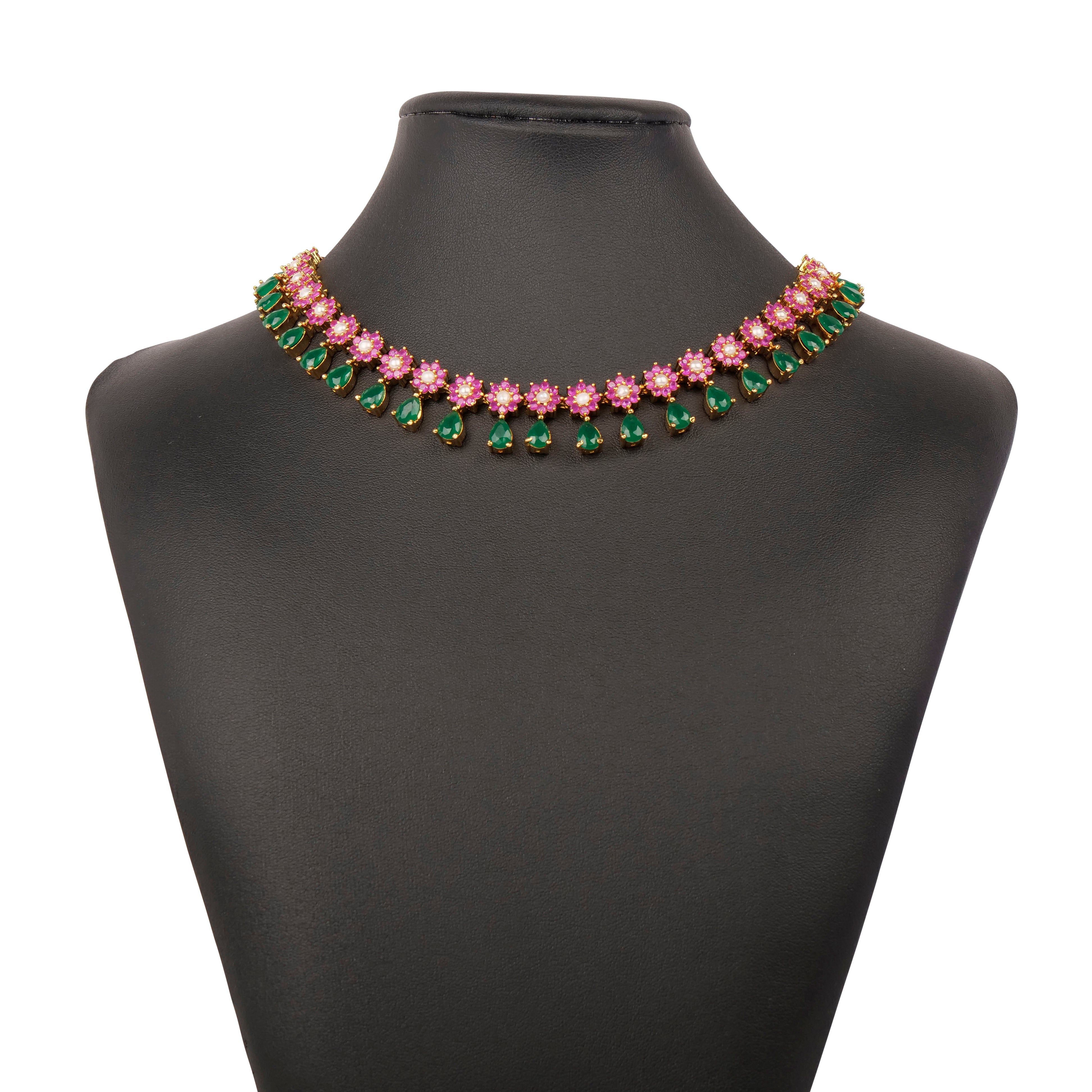 Neena Rajasthani Necklace Set in Ruby and Green